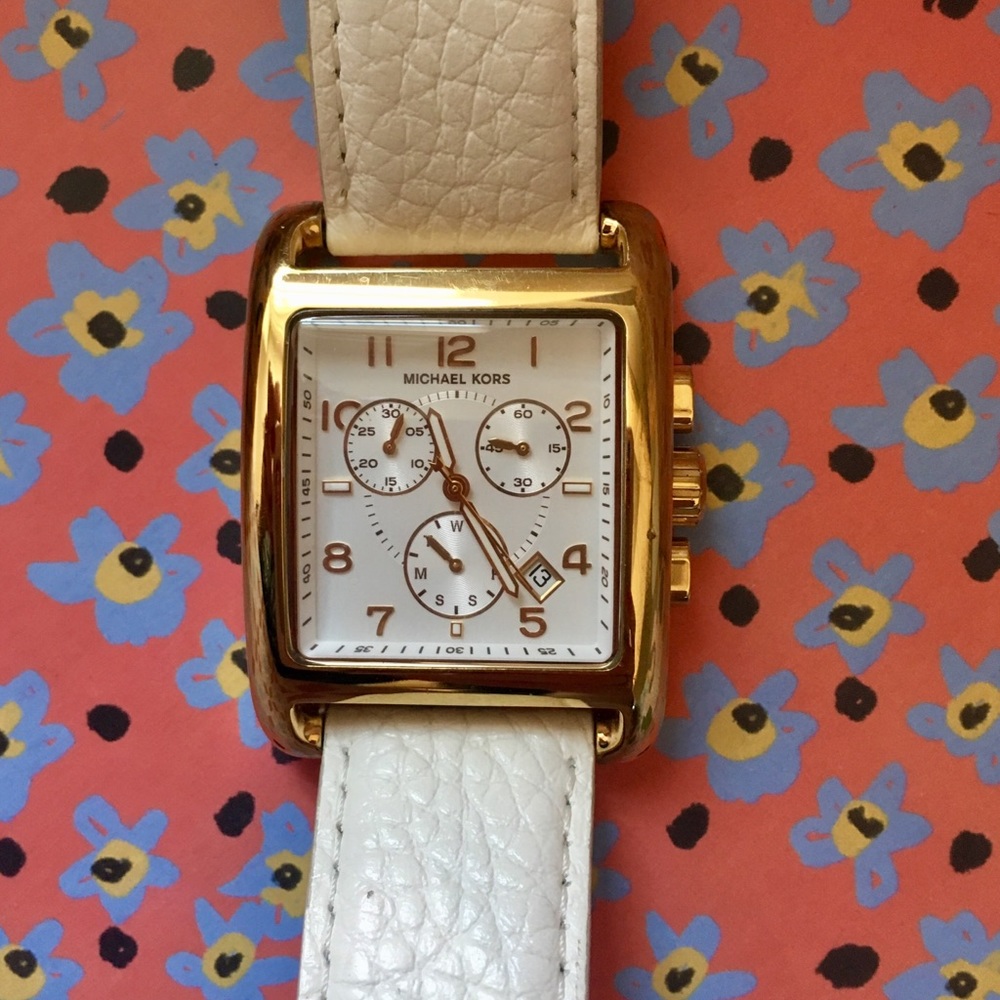 Michael Kors Gold and White Leather Watch